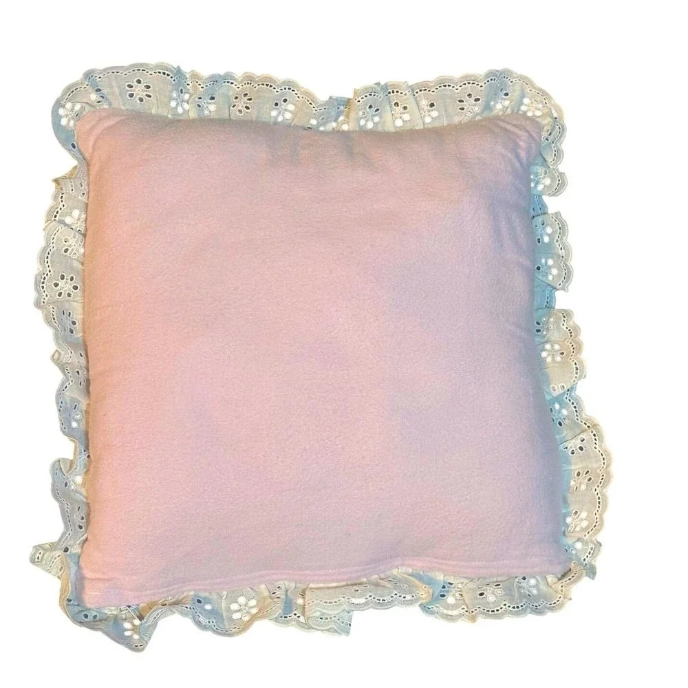 Vtg Handmade Puff the Magic Dragon Cross-stitch Pillow‎ Pink White Lace 13x13